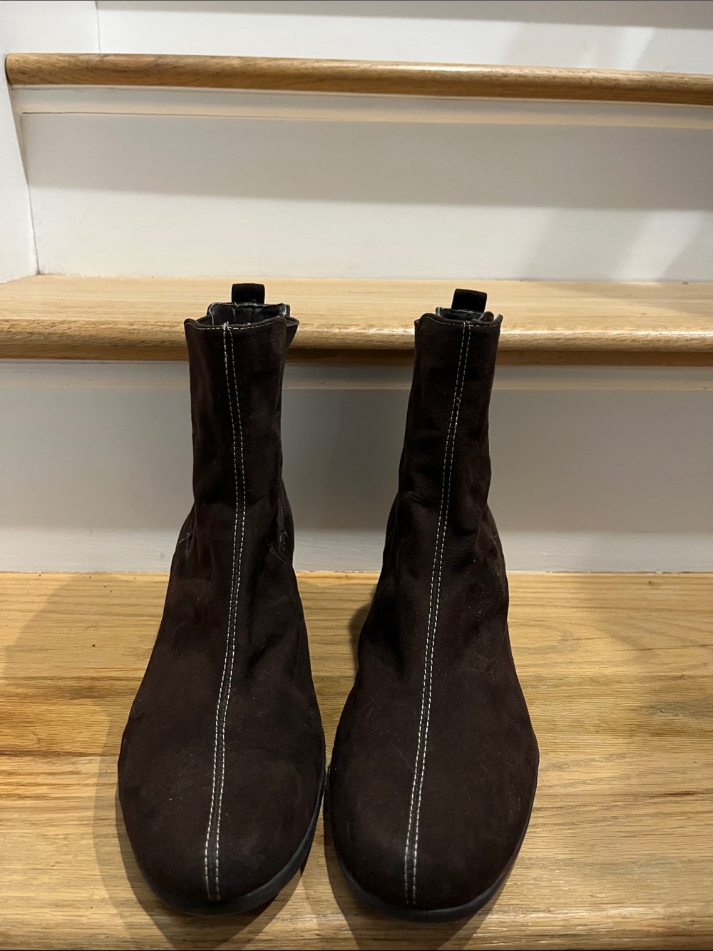 Women's Dark Brown Suede Ankle Booties with Contrast Stitching